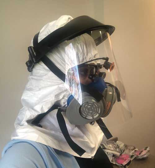 Dr. Carlie Amore wearing protective equipment in preparation for a safe mercury removal procedure